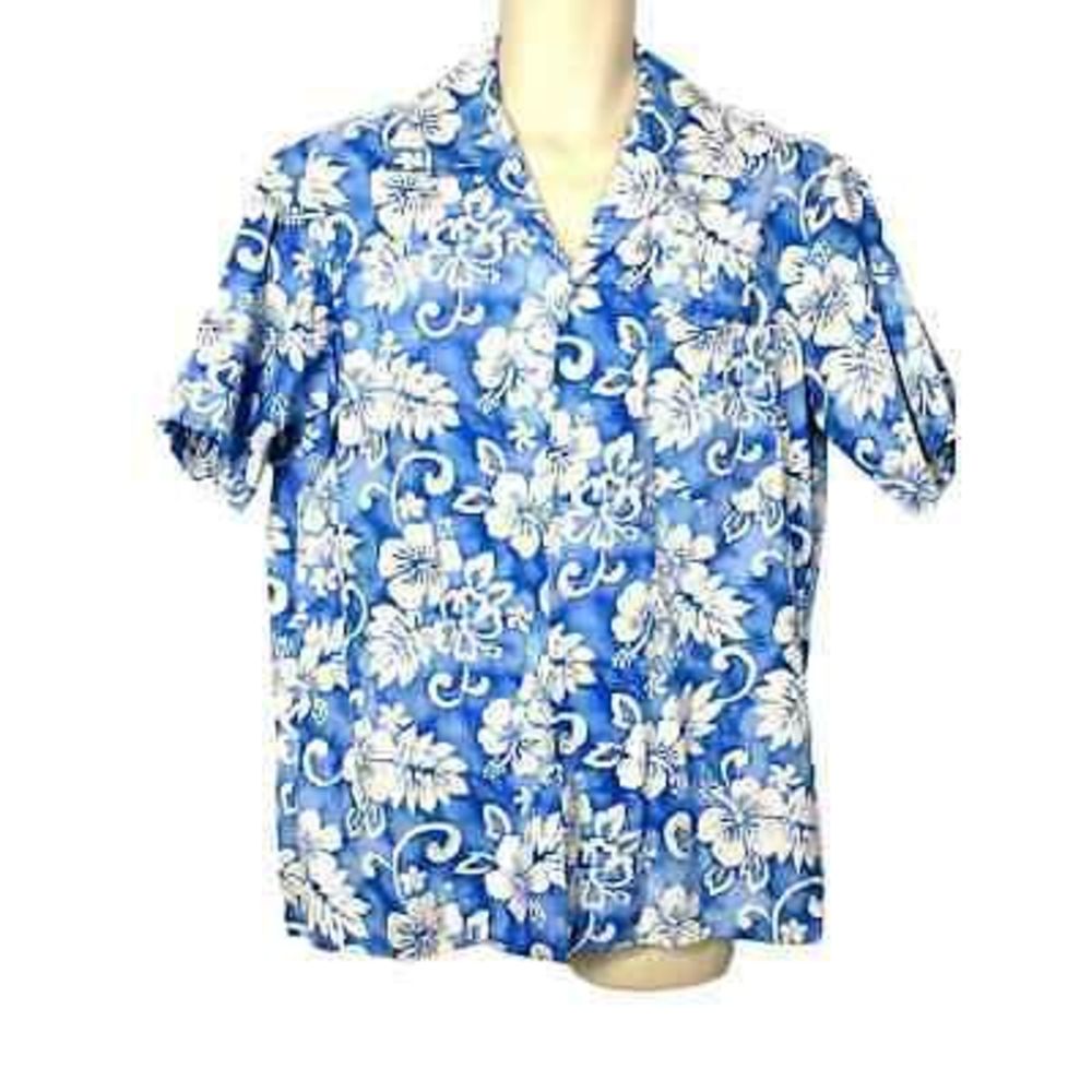 Malihini Hawaii Mens Button Front‎ Hawaiian Shirt Blue White Floral Large